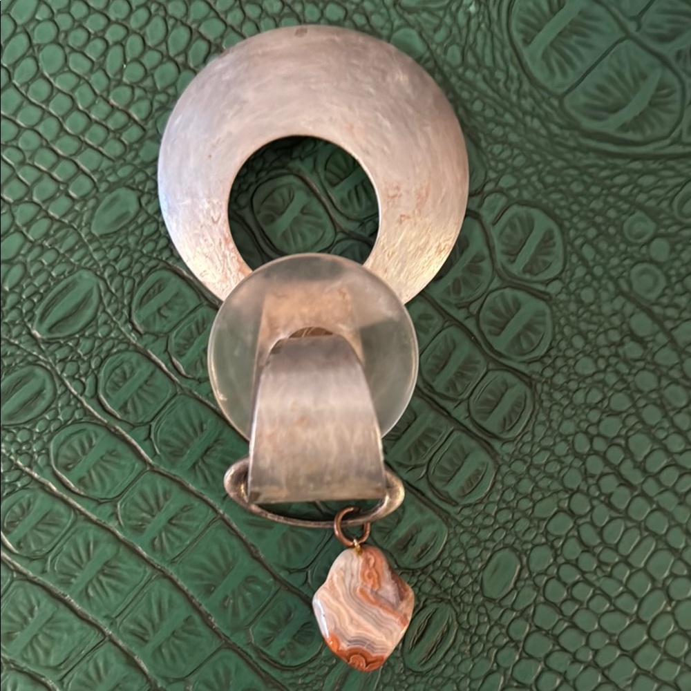 Kate Hines Modernist Mixed Media Silvertone Brooch With Dangling Jasper Pendant